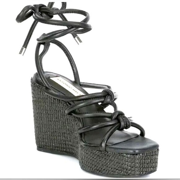 New ANTONIO MELANI Black Ankle Wrap Tie Sandal Espadrille Wedge Gladiator 10